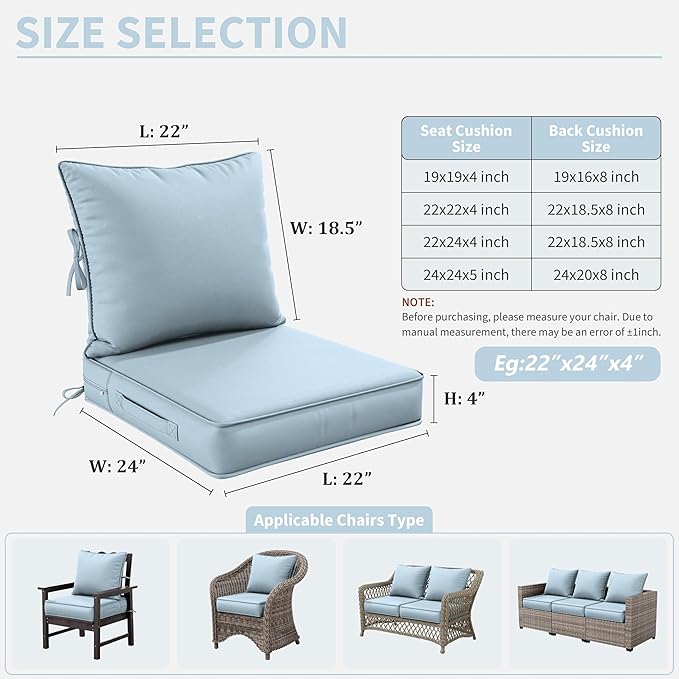 Premium Outdoor Seat Cushion Chair Cushions for Patio Furniture 22 L X 24 W X 4 H Waterproof & Fade Resistant Deep Seat and Backrest Cushion Set with Removable Covers for Chair, Sofa
