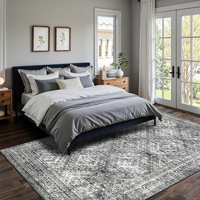 MIULEE 8x10 Vintage Washable Area Rugs Living Room Rug Low Pile Boho Farmhouse Floor Mat for Bedroom Dining Room Under Kitchen Table, Non-Slip Stain Resistant Soft Large Carpet for Home Decor, Black