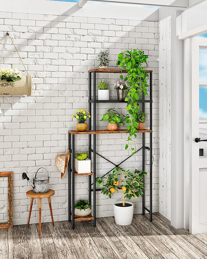 Over The Toilet Storage, 6-Tier Bathroom Organizer Shelf, Over-Toilet Storage Cabinet with Toilet Paper Hook, Space Saving, for Bathroom, Laundry, Entryway, Rustic Brown and Black TTS02BF