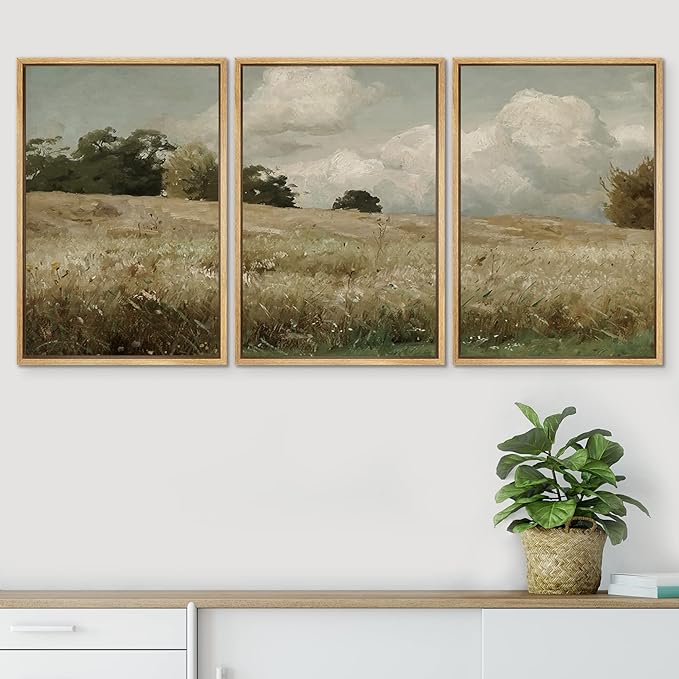 SIGNWIN Framed Canvas Print Wall Art Woodland Nursery Decor Set Watercolor Country Field Landscape Pasture Nature Abstract Fine Art Nordic for Living Room, Bedroom, Office - 24"x36"x3 Natural