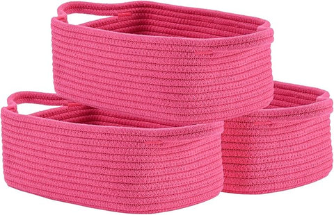 KALLAX Small Woven Basket, 12 x 8 x 4.5 Inches, Small Storage Baskets for Organizing, Gift Baskets Empty, Cute Rope Shelf Closet Storage Bins for Shelves, Dog Toy Basket, 3 Packs, Hot Pink