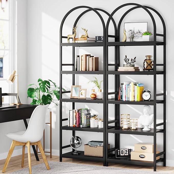 Tribesigns 5-Tier Open Bookshelf Set of 2, 74.4" Wood Bookcase Storage Shelves with Metal Frame, Freestanding Display Rack Tall Shelving Unit for Office, Bedroom, Living Room (Black, 2PCS)