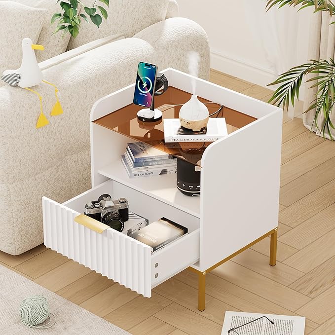 Nightstand Set of 2 with Charging Station, Mid Century Modern Night Stand, Fluted Bedside Table with Glass Top & Metal Legs, Wood End Table for Bedroom, Living Room (White)