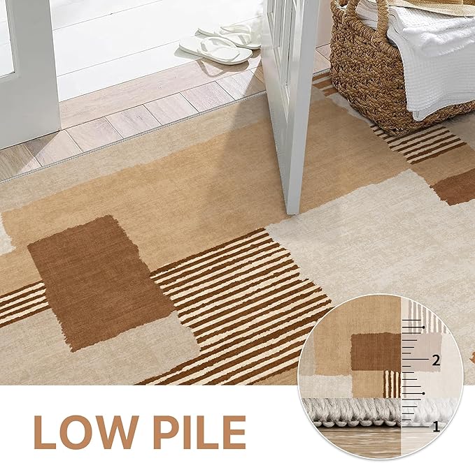 GENIMO Washable Area Rugs for Living Room Bedroom, 8x10 Modern Abstract Stripe Non Slip Rug, Low Pile Soft Contemporary Indoor Floor Carpet Cover for Dining Room Kitchen, Orange Brown