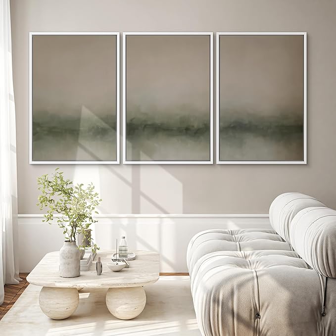 SIGNWIN Framed Wall Art Print Set Neutral Green Abstract Contemporary Misty Landscape Photography Modern Art Minimalist Closeup Dramatic for Living Room, Bedroom, Offic - 24"x36"x3 WHITE