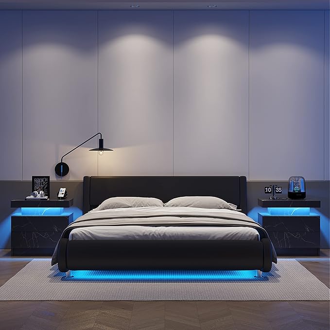 LED Nightstands Set of 2, Modern End Side Table with 2 Drawers, LED Bedroom Furniture for Bedroom and Living Room, Black Marble Pattern