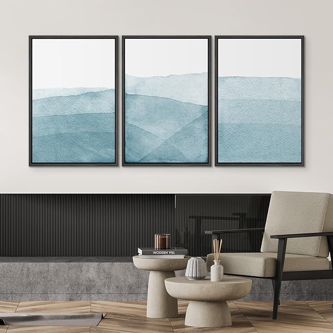 SIGNWIN 3 Piece Framed Canvas Wall Art Blue Wash Brushstroke Watercolor Nature Wilderness Illustrations Abstract Traditional Home Artwork Decoration for Living Room,Bedroom - 24"x36"x3 Black
