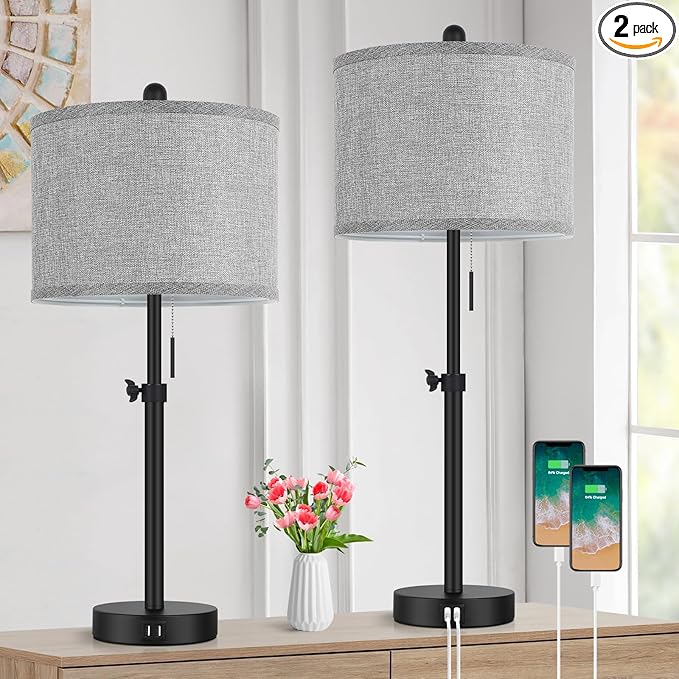 Table Lamps for Bedroom Set of 2, 23''-30'' Adjustable Height Bedside Lamps with 2 USB Ports, Black Nightstand Lamps with Grey Linen Shade, Modern Stylish Living Room Lamp Set with Pull Chain