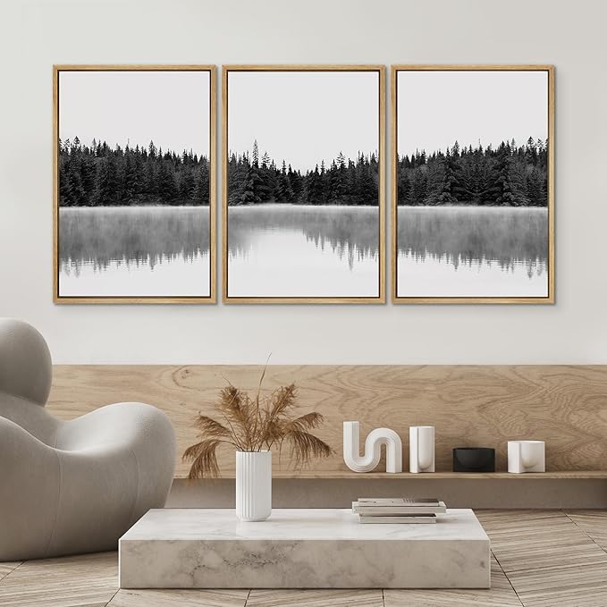 SIGNWIN 3 Piece Framed Canvas Wall Art Woodland Nursery Decor Black and White Forest with Lake Nature Abstract Traditional Home Artwork Decoration for Living Room,Bedroom - 24"x36"x3 Natural