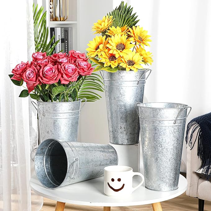 Irenare 12 Inch Vintage Galvanized Flower Bucket Metal Flower Vase Farmhouse French Bucket Planter Metal Floral Container for Party Table Centerpiece Weddings Home(Silver,6 Pcs)