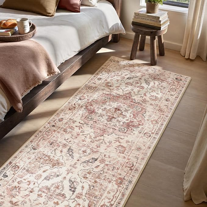 PADOOR-Vintage Runner Rug 2X10 Runners for Hallways-Soft Pink Washable Bedside Rugs for Bedroom-Non Slip Long Rug for Hallways Entryway Laundry Room Stair Kitchen Bathroom