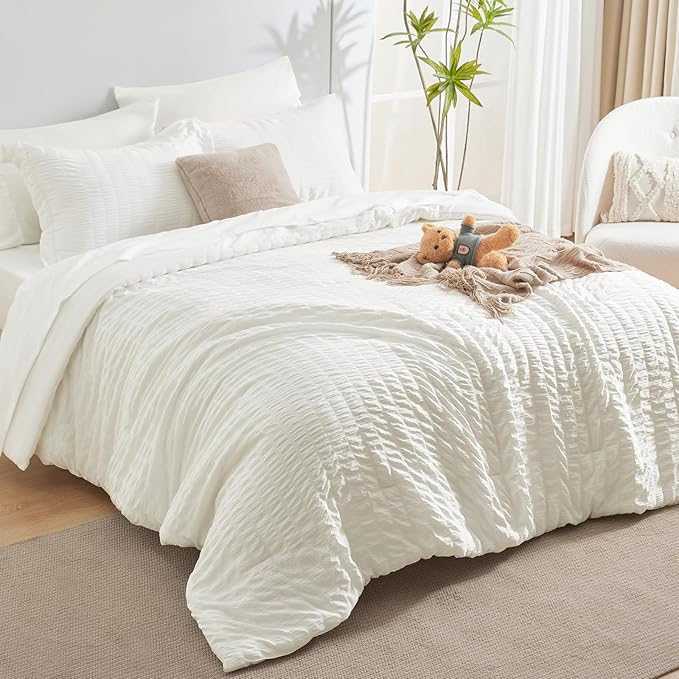 CozyLux Queen Comforter Set Ivory Seersucker 7 Pieces Bed in a Bag Queen Comforter Set with Sheets, Luxury Soft Bedding Set with Down Alternative Comforter, Sheets, Pillowcases & Shams for All Seasons
