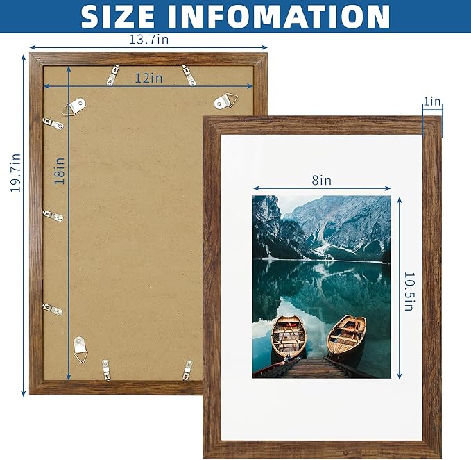 12x18 Frame Set of 2, Rustic Brown Wood Style, Display 12 x 18 Poster without Mat or 8.5x11 Picture with Mat, Wall Mounting Horizontal and Vertical