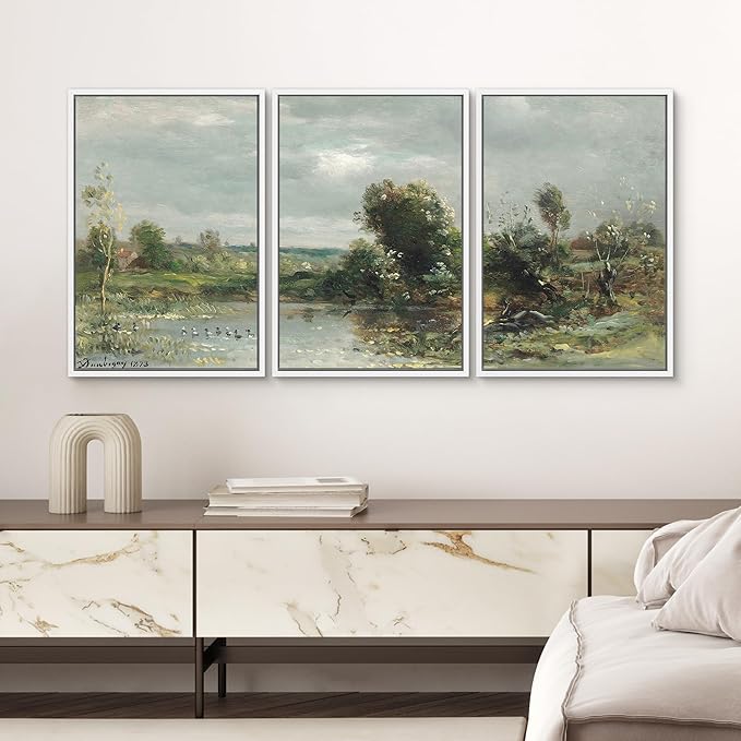 SIGNWIN Framed Canvas Print Wall Art Set Tranquil River Reflections Classic Nature Illustrations Modern Art Decorative Rustic Calm/Zen for Living Room, Bedroom, Office - 24"x36"x3 White