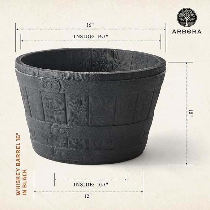 ARBORA 16" Whiskey Barrel Polyresin Indoor and Outdoor Planter with Textured Wood Finish - Durable, Weatherproof, Lightweight, Large Plant Pot for Patio, Garden, Deck, Entryway