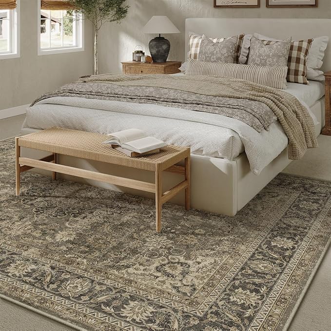 10x12 Brown Vintage Area Rug for Living Room Bedroom Large Traditional Low Pile Soft Carpet Non-Slip Thin Retro Distressed Accent Washable Throw Rug for Dining Room Office Kitchen Indoor