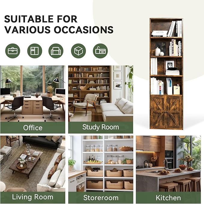 Tall Bookshelf, 6 Tier Floor Standing Bookcase with Two Hinged Doors, Storage Organizer Display Shelves, Modern Corner Bookshelf Storage Cabinet for Living Room, Office, Brown