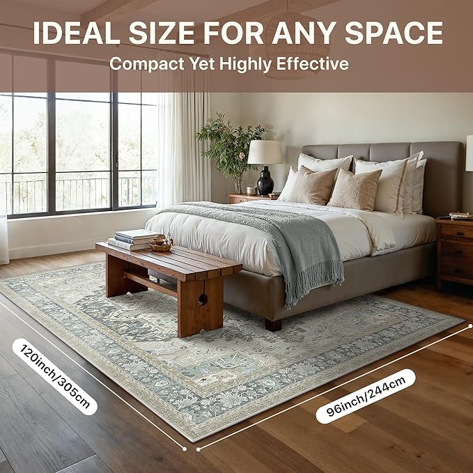 GENIMO 8X10 Area Rugs for Living Room, Machine Washable Vintage Floor Cover Foldable Modern Non Slip Rug, Low Pile Soft Indoor Carpet Floral Print Mat Rug,Bedroom/Dining Room/Home Office,Light Blue