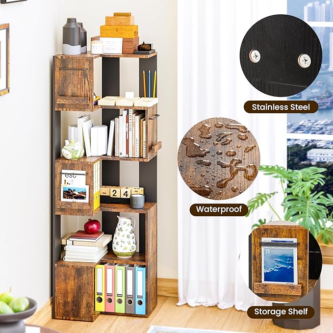 PPAMAPIC 5 Tier Corner Bookshelf, 63" Tall L Shaped Bookcase, Corner Cabinet, Wood Grain Shelf Display Rack for Kitchen, Bedroom, Living Room (Brown)