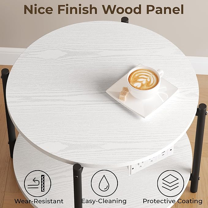 LIKIMIO Round End Table with Charging Station, 23.6" W Wooden Side Table with 2-Tier Storage, Modern Nightstand for Small Spaces, Living Room, Bedroom, White
