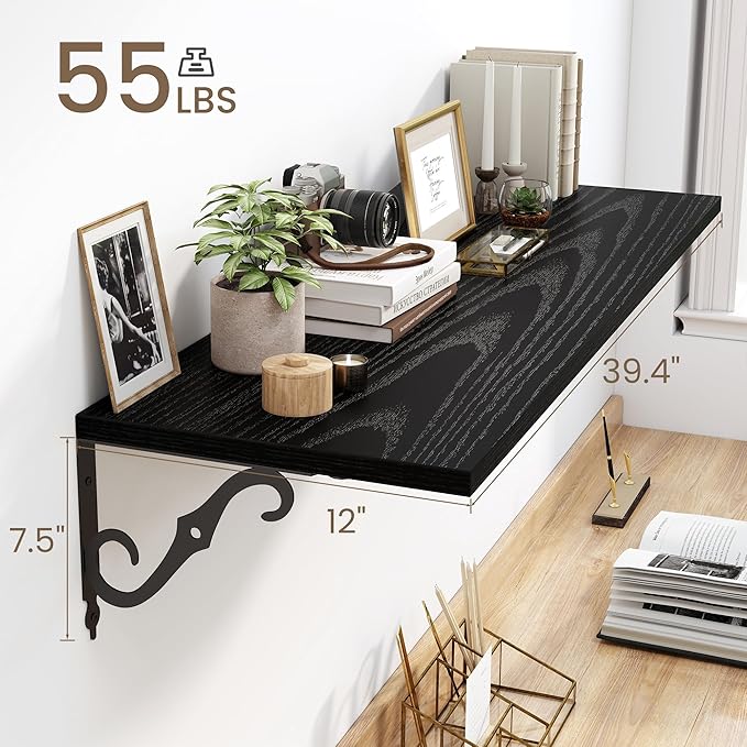 40 Inch Floating Shelves Wall Mounted, 12 Inch Deep Wall Shelves with Bracket, Rustic Hanging Bookshelf, 40" Bookshelves for for Living Room, Kitchen and Bedroom, Black, Set of 2
