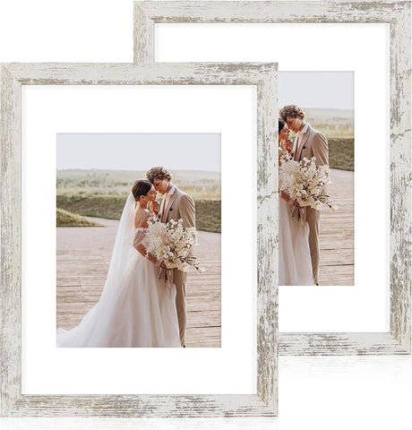 11x14 Picture Frame Set of 2, Made of Glass and Distressed White Wooden Frame, Display 8x10 Pictures with Mat or 11 x 14 Posters without Mat for Wall Mounting, Gallery Photo Frames