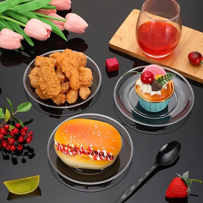 Clear Plastic Dessert Plates 5.5 Inch Disposable Cake Plates Small Party Dishes Bulk Clear Round Dishes for Wedding Dinner Appetizers BBQ Travel Catering Events(100 Pcs)
