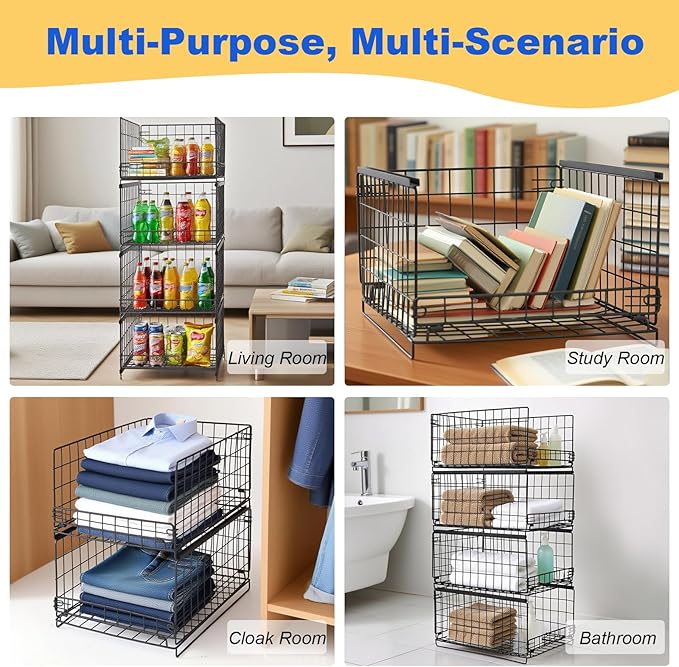 4-Tier Stackable Closet Storage Organizers, Storage Shelves, Clothes Basket, Clothes Shelf Organizer for Living Room Wardrobe Kitchen Bathroom Office, Black