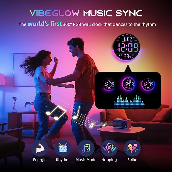 10" Large Digital Wall Clock with Remote Control, Music Sync RGB Atmosphere Light, Low-Reflectivity, Temperature, LED Display, Dual Alarms, BT Sync, Auto DST for Bedroom and Classroom
