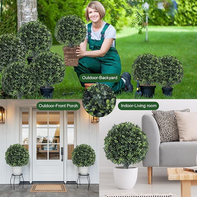 16" Artificial Boxwood Topiary Trees, UV Resistant Outdoor/Indoor Faux Plants Realistic Landscaping Decor for Porch Garden Entryway-2 Pack