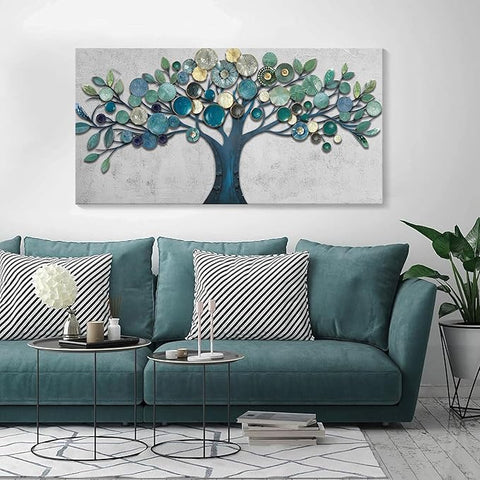CHATYOUNG Wall Art Living Room - Large Teal Blue Tree of Life Abstract Landscape Painting Modern Print Artwork for Dining Room Bedroom Bathroom Office Home Decor 48"x24"