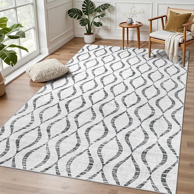 WITSHOCK Area Rugs for Living Room 5x8: Washable Non-Slip Soft Geometric Large Indoor Rug for Bedroom Dining Room, Low Pile Boho Pattern Carpet for Nursery Playroom Decor, Kid & Pet Friendly, Grey