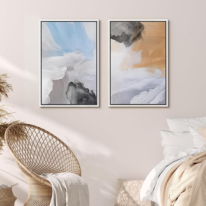 MUDECOR Framed Canvas Print Wall Art Abstract Blue Skies and Earth Tones Illustrations Modern Art Decorative Bohemian Colorful Chic for Living Room, Bedroom, Office - 16"x24"x2 WHITE