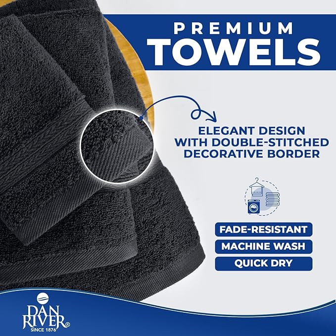 DAN RIVER 8 PC Luxury Bath Towels for Bathroom, 2 Bath, 2 Hand, and 4 Wash Cloths, 600 GSM 100% Ring Spun Cotton Towel Set, Highly Absorbent, Gym, Hotel, and Spa, Charcoal