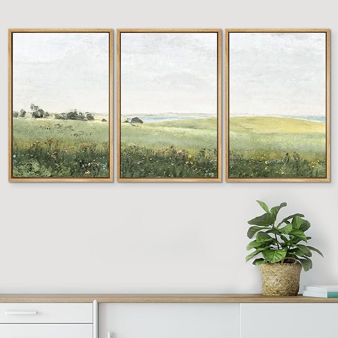 SIGNWIN Framed Canvas Print Wall Art Set Green Pasture Countryside Flower Field Nature Abstract Illustrations Modern Art Decorative Nordic for Living Room, Bedroom, Office - 16"x24"x3 Natural