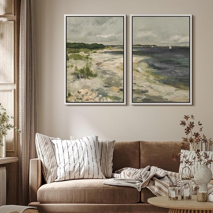 MUDECOR Framed Canvas Print Wall Art Coastal Shoreline with Lush Dunes Serene Beach Landscape Nature Wilderness Illustrations Realism Decorative for Living Room, Bedroom, Office - 16"x24"x2 White