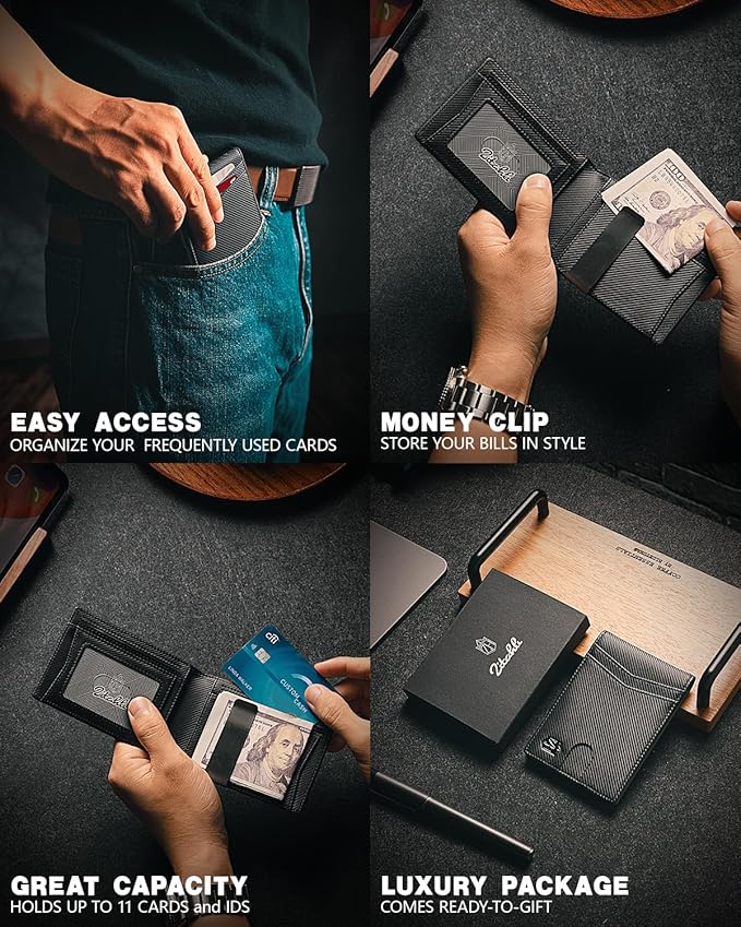 Zitahli Slim Wallet for Men Gifts 12 Card Slots ID Window With Money Clip Minimalist RFID Front Pocket Bifold Leather Small Thin Gift Box Dad Birthday Christmas Regalos Hombres