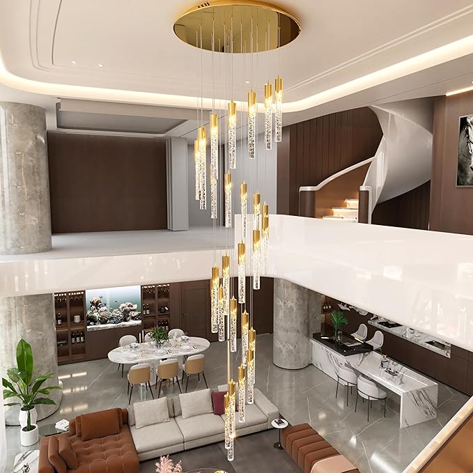 Flashing God Gold 28 Lights Large Foyer Chandeliers for High Ceilings 12 feet Long Spiral Stair Pendant Chandelier Crystal Ceiling Light Fixtures Dimmable 2700k-4500k-6000k