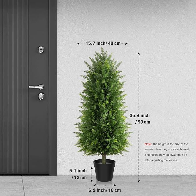 3FT Artificial Cedar Topiary Trees (2 Pack) - UV Resistant Fake Evergreen Shrubs with Extra Dense Foliage, Realistic Potted Faux Plants for Front Porch & Garden Decor