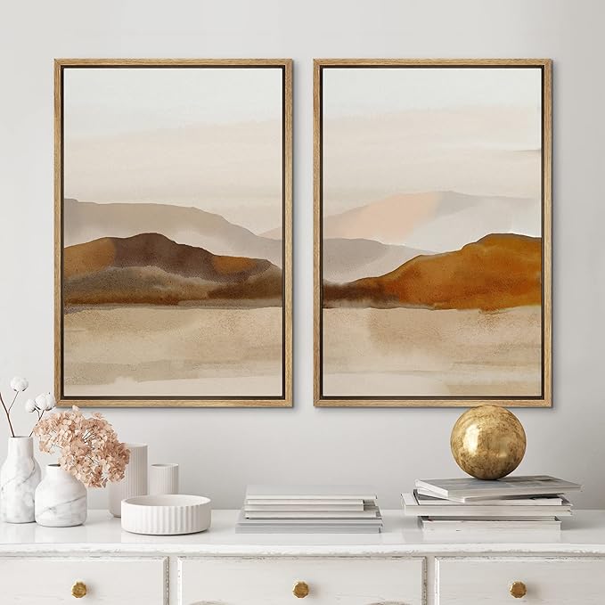 MUDECOR Framed Canvas Print Wall Art Pastel Brown Mountain Range Ocean Lake Wilderness Nature Illustrations Modern Art Decorative Calm/Relax Multicolor Rustic Minimal for Bedroom - 16"x24"x2 Natural