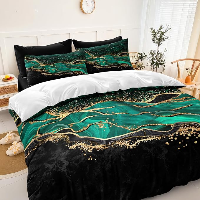 Emerald Green Comforter Set King Black Gold Marble Bed in a Bag 8 Pieces Bedding Set with 1 Green Black Marble Comforter, 1 Flat Sheet, 1Fitted Sheet, 4 Pillowcases, 1 Cushion Cover