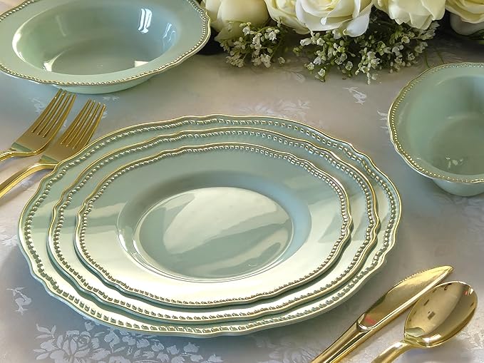 " OCCASIONS " 240 Plates Pack,(120 Guests) Heavyweight Premium Disposable Plastic Plates Set -120 x 10.25'' Dinner + 120 x 7.5'' Salad/Dessert (Rochelle Seafoam/Mint and Gold))