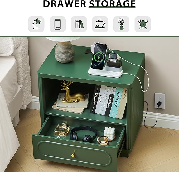 Fluted Nightstand with Charging Station Set of 2, Modern Wood Nightstand with Drawer Storage, Night Stand Bedside Table with Type-C and USB Ports, Night Stand for Bedroom, Green