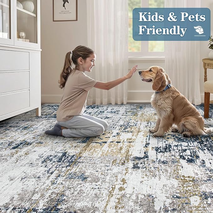 6x9 Area Rugs for Living Room: Washable Modern Abstract Rug Large Soft Non Slip Rug Indoor Low Pile Carpet for Bedroom Dining Room Home - Blue Grey Brown