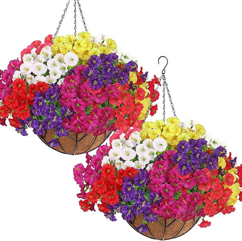 KHOYIME Artificial Hanging Flowers Plants Basket for Outdoors Indoor, 2 Set Faux Silk White Yellow Purple Fuchsia Red Pink Morning Glory Fake Eucalyptus Planters Spring Summer Home Garden Patio Decor