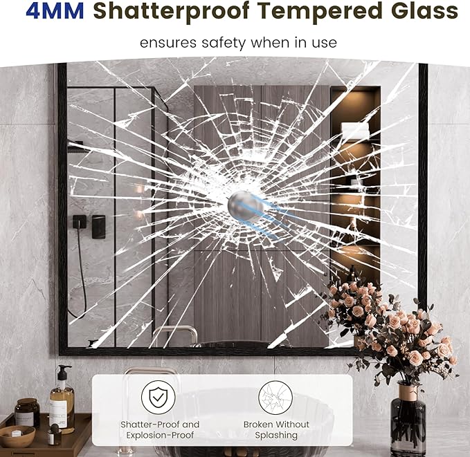 WEER Black Framed Mirror, 40X36 Inch Matte Black Wall Mirror for Bathroom, Rectangular Black Bathroom Vanity Mirror, Tempered Glass, Anti-Rust, Hangs Horizontal or Vertical