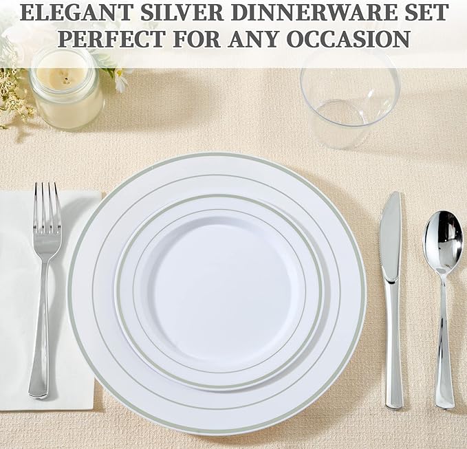 FOCUSLINE 600 Ct Silver Dinnerware Set for 100 Guests - Silver Rimmed White Disposable Plastic Plates, Includes 100 Dinner & Salad Plates, Cups, Cutlery Set for Wedding Parties