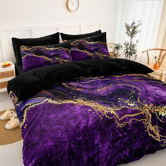 Black Gold Comforter Set Purple Marble Bedding Set Queen Size Black Marble Stone Abstract Artwork Bedroom Decor Black Marble Comforter Sets for All Season
