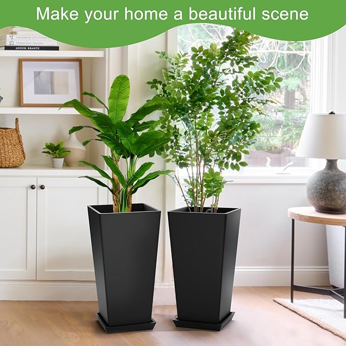 Elevens Set of 2 Tall Outdoor Planters 20 Inch, Large Planters for Indoor Outdoor Plants, Tapered Square Flower Pots with Tray for Patio,Black