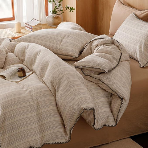 VM VOUGEMARKET Linen Duvet Cover King Striped Pattern Yarn Dyed Muslin Cotton Duvet Cover with Embroidered Edge Super Soft Cozy Bedding Set for Men Women,King Size